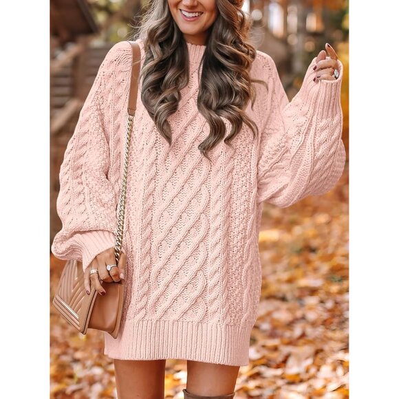 Women Oversized Cable Knit Sweater Pink Chunky Long Sleeve Fall Winter Outfit - Picture 2 of 7